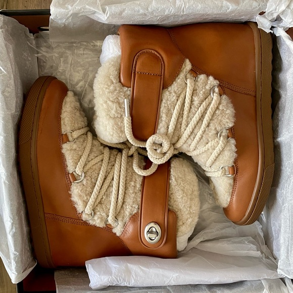 Coach Monroe Shearling Lace Up Wedge Booties, Saddle/Natural - Picture 10 of 10